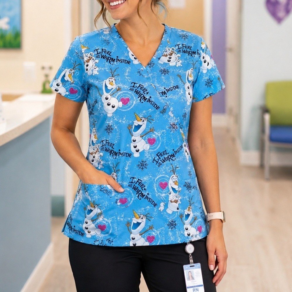 Disney Frozen Olaf Medium Blue Scrub Top I Feel Warm Inside Medical Uniform